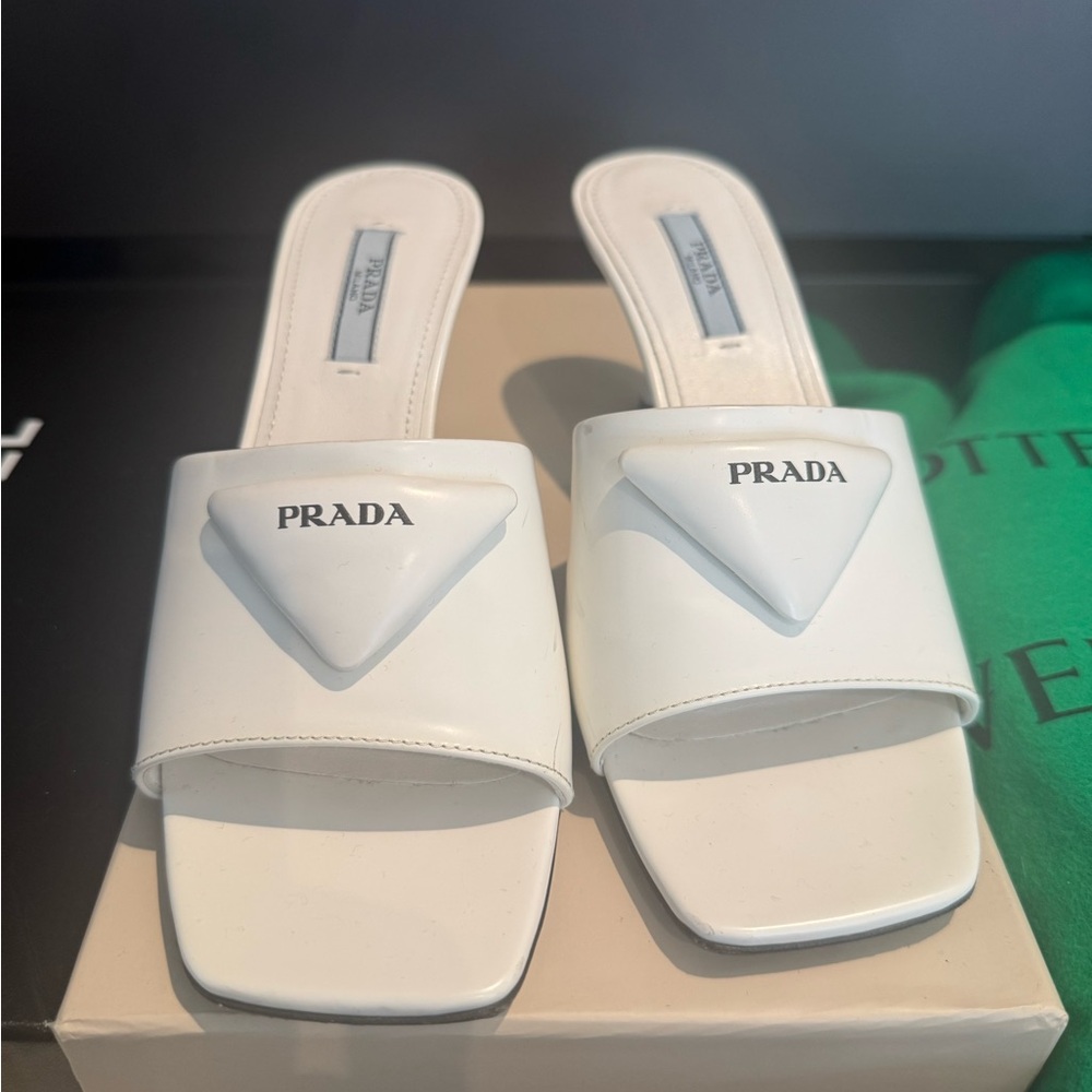 Prada White Mules with Triangular Logo